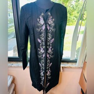 David N. Black Floral Embroidered Long Blazer Linen Blend Size 10